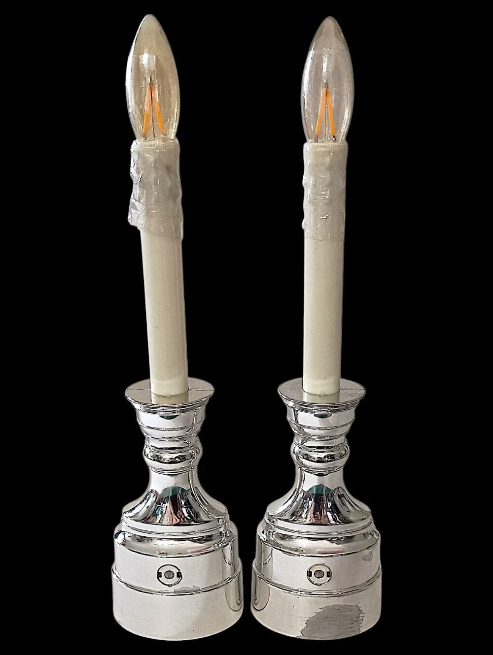 2 Vintage Bethlehem Lights Candles Battery Operated Taper Timer Silver Tone